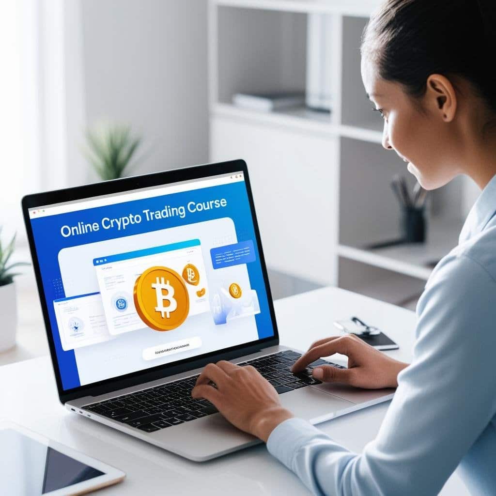A young professional woman actively engaged in an online course on her laptop, which displays the landing page for an 'Online Crypto Trading Course' featuring a 3D Bitcoin coin graphic. This image promotes accessible crypto learning and mastering decentralized finance for those learning cryptocurrency basics and trading.