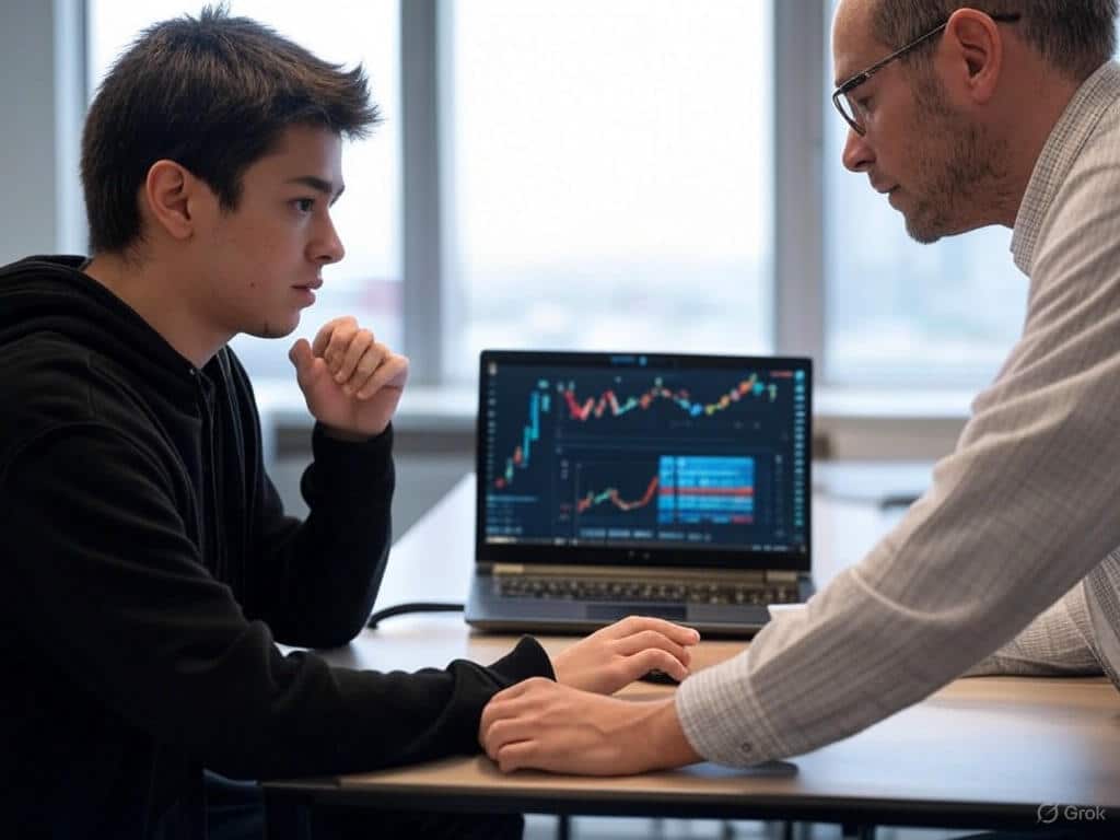 Two individuals—a mentor and a student—intently reviewing a laptop screen displaying live cryptocurrency trading charts and technical analysis. The mentor is guiding the student through the candlestick patterns. This image emphasizes the personalized mentorship and practical guidance offered for effective crypto learning and mastering cryptocurrency investment and trading.